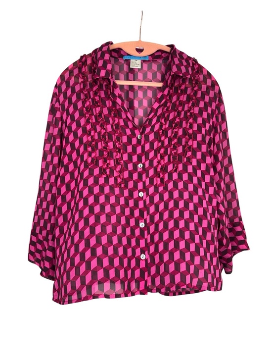 Johnny Was Tops - Johnny Was Pink Geometric Ruffle Button-Front Blouse
